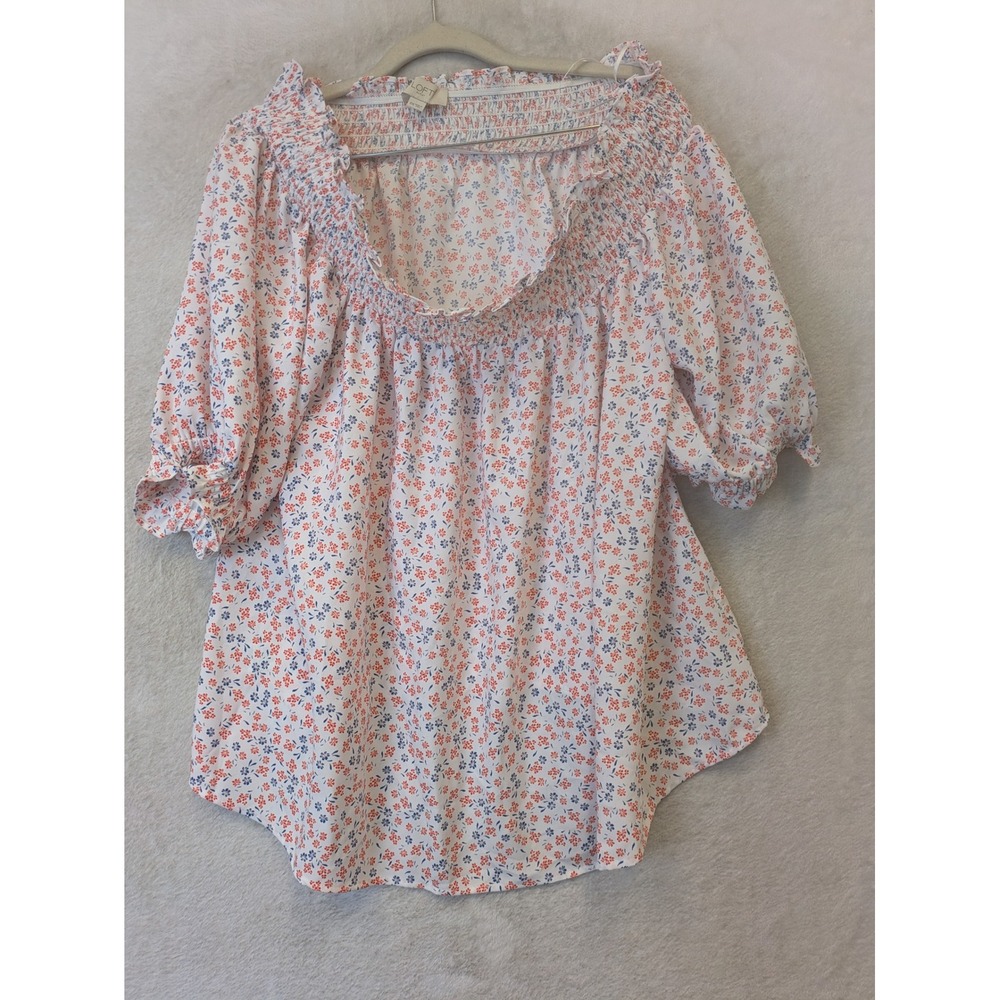 LOFT Outlet Peasant Blouse Women's XXL White Floral Smocked Neck 3/4 Sleeve Boho